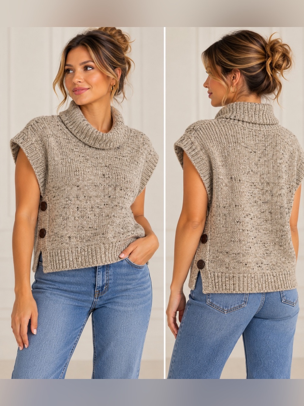 ICHI Women's Knit V-Neck Sweater in Tan and Brown